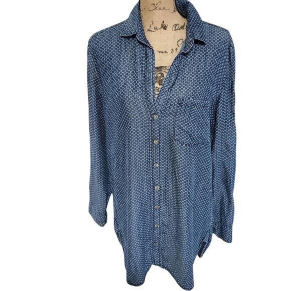 Cloth & Stone Blue Geometric Tencel Roll Tab Tunic Shirt Top Blouse Womens XS